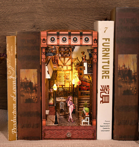 Fifijoy Bustling Street Scene Wooden Book Nook Kit Bookshelf Insert