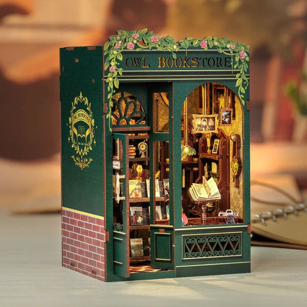 Owl Bookstore DIY Book Nook Kit. a miniature crafts inspired by Old London with rich detailed scenes. touch switch light. and easy snap-in design. perfect for 3D puzzles bookend lovers. model building lovers. dollhouse collectors. bookshelf insert decor. A great DIY project for Renaissance era lovers.