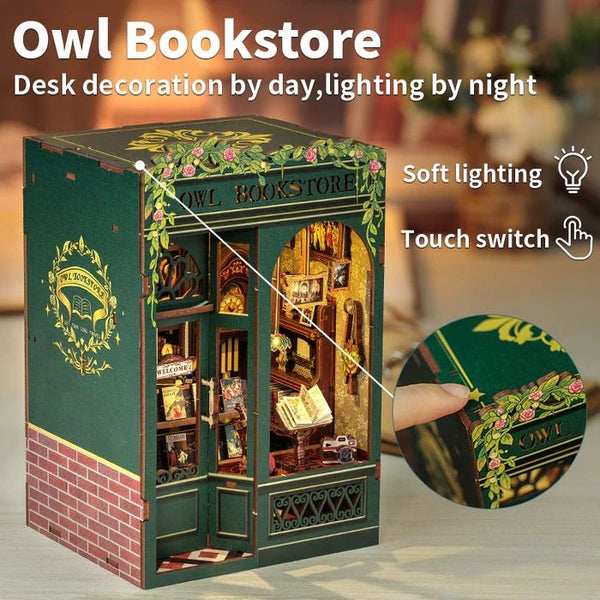 Owl Bookstore DIY Book Nook Kit. a miniature crafts inspired by Old London with rich detailed scenes. touch switch light. and easy snap-in design. perfect for 3D puzzles bookend lovers. model building lovers. dollhouse collectors. bookshelf insert decor. A great DIY project for Renaissance era lovers.