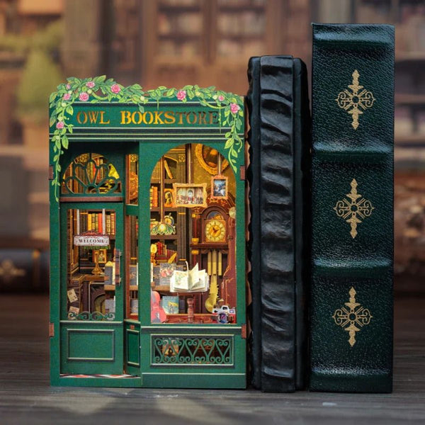 Owl Bookstore DIY Book Nook Kit. a miniature crafts inspired by Old London with rich detailed scenes. touch switch light. and easy snap-in design. perfect for 3D puzzles bookend lovers. model building lovers. dollhouse collectors. bookshelf insert decor. A great DIY project for Renaissance era lovers.