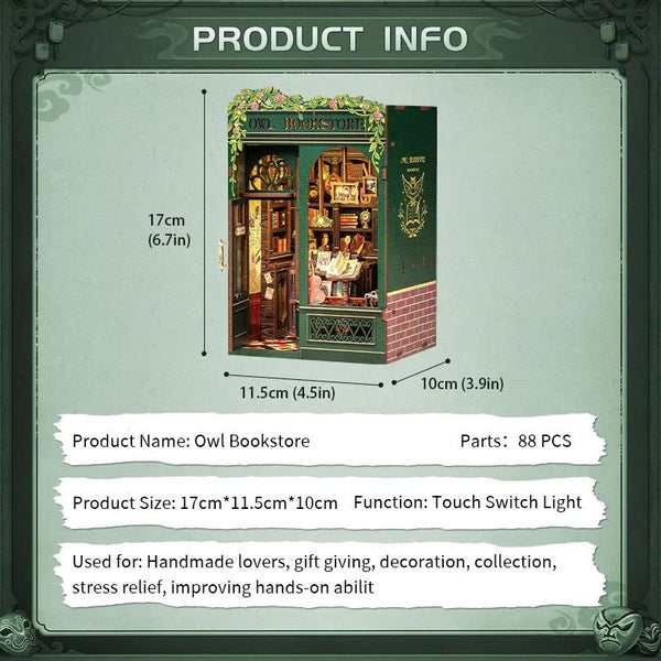 Owl Bookstore DIY Book Nook Kit. a miniature crafts inspired by Old London with rich detailed scenes. touch switch light. and easy snap-in design. perfect for 3D puzzles bookend lovers. model building lovers. dollhouse collectors. bookshelf insert decor. A great DIY project for Renaissance era lovers.