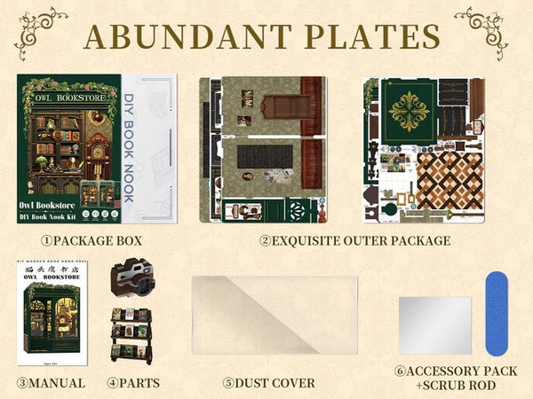 Owl Bookstore DIY Book Nook Kit. a miniature crafts inspired by Old London with rich detailed scenes. touch switch light. and easy snap-in design. perfect for 3D puzzles bookend lovers. model building lovers. dollhouse collectors. bookshelf insert decor. A great DIY project for Renaissance era lovers.