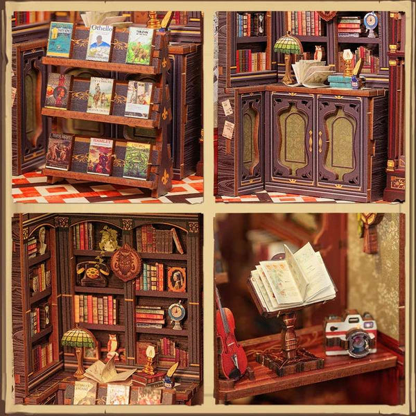 Owl Bookstore DIY Book Nook Kit. a miniature crafts inspired by Old London with rich detailed scenes. touch switch light. and easy snap-in design. perfect for 3D puzzles bookend lovers. model building lovers. dollhouse collectors. bookshelf insert decor. A great DIY project for Renaissance era lovers.