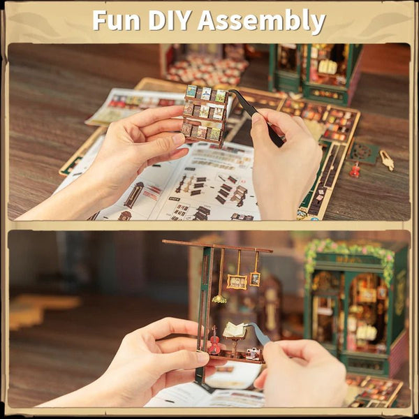 Owl Bookstore DIY Book Nook Kit. a miniature crafts inspired by Old London with rich detailed scenes. touch switch light. and easy snap-in design. perfect for 3D puzzles bookend lovers. model building lovers. dollhouse collectors. bookshelf insert decor. A great DIY project for Renaissance era lovers.