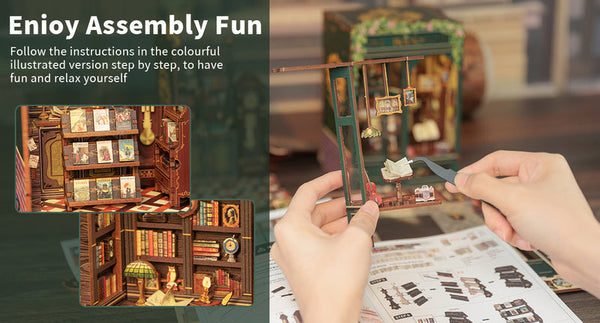 Owl Bookstore DIY Book Nook Kit. a miniature crafts inspired by Old London with rich detailed scenes. touch switch light. and easy snap-in design. perfect for 3D puzzles bookend lovers. model building lovers. dollhouse collectors. bookshelf insert decor. A great DIY project for Renaissance era lovers.